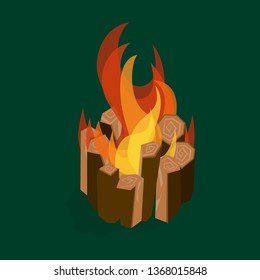 Cartoon Fire Wood and Campfire Bonfire with Tongue on a Green Firewood Concept Flat Design Style. Vector illustration