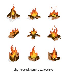 Cartoon Fire Wood and Campfire Set Bonfire and Firewood Concept Flat Design Style Different Types . Vector illustration