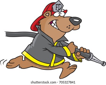 Cartoon Firefighter Bear Running With A Fire Hose