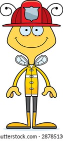 A cartoon firefighter bee smiling.