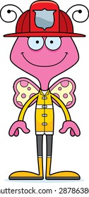 A cartoon firefighter butterfly smiling.
