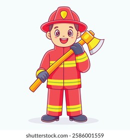 Cartoon Firefighter Character with Axe and Protective Gear