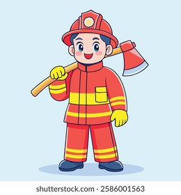 Cartoon Firefighter Character with Axe and Protective Gear