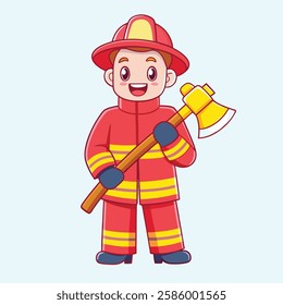 Cartoon Firefighter Character with Axe and Protective Gear