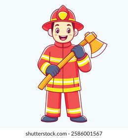 Cartoon Firefighter Character with Axe and Protective Gear