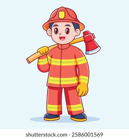 Cartoon Firefighter Character with Axe and Protective Gear