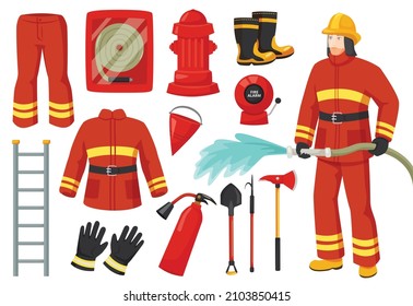 Cartoon firefighter character with fire fighting equipment and tools. Fireman uniform, hydrant, fire alarm, extinguisher, firehose vector set. Emergency service for safety and protection