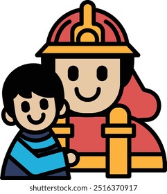 A cartoon of a firefighter and a child. The firefighter is smiling and the child is hugging him