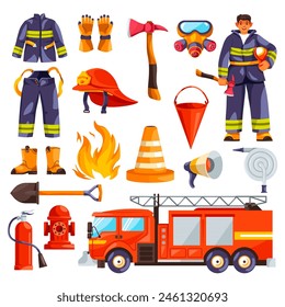 Cartoon firefighter equipment. Fire fighting tools, fireman protection uniform firefighting firemen gear red helmet flasher hose extinguisher icon vector illustration of equipment of firefighter