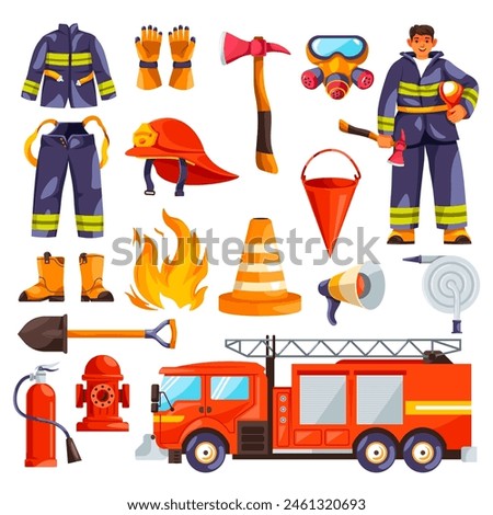 Cartoon firefighter equipment. Fire fighting tools, fireman protection uniform firefighting firemen gear red helmet flasher hose extinguisher icon vector illustration of equipment of firefighter