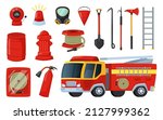 Cartoon firefighter equipment and tools, axe, extinguisher and firehose. Fire truck, hydrant, bucket, firefighting elements vector set. Illustration of firefighter tools