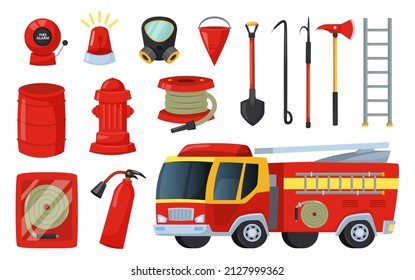 Cartoon Firefighter Equipment And Tools, Axe, Extinguisher And Firehose. Fire Truck, Hydrant, Bucket, Firefighting Elements Vector Set. Illustration Of Firefighter Tools