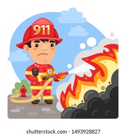 Cartoon firefighter extinguishes a fire with a hose. Composition with a professional. Flat male character.