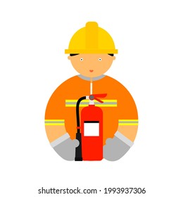 Cartoon of a firefighter with fire extinguisher on white background.