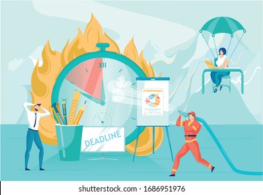 Cartoon Firefighter with Fire Hose Extinguish Burning Clock Timer on Table Vector Illustration. Businessman Panic, Woman Office Worker Hurry. Deadline Problem Concept. Work Delay Trouble