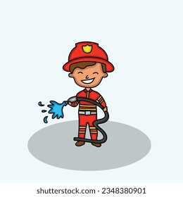 Cartoon firefighter in fireman suit,with full equipment,holding hose.