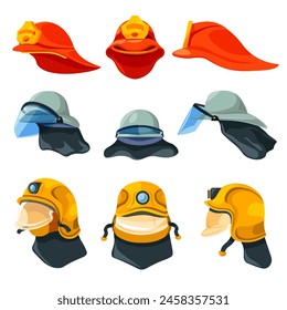 Cartoon firefighter helmets. Firefighters helmet, fireman hat fire fighter emergency department isolated red cap firefighting rescue equipment uniform, recent vector illustration