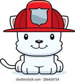 A cartoon firefighter kitten smiling.