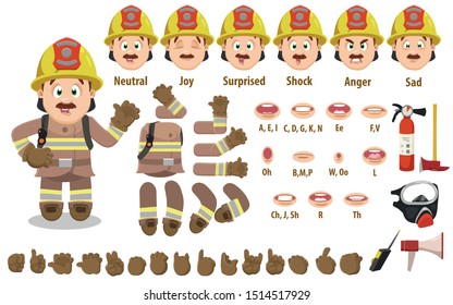 Cartoon firefighter male constructor for animation. Parts of body: legs, arms, face emotions, hands gestures, lips sync. Full length, front, three quater view. Set of ready to use poses, objects.