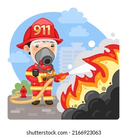 Cartoon firefighter in mask extinguishes a fire with a hose. Composition with a professional. Flat male character.