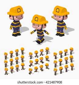 Cartoon firefighter minifigure. 3D lowpoly isometric vector illustration. The set of objects isolated against the white background and shown from different sides