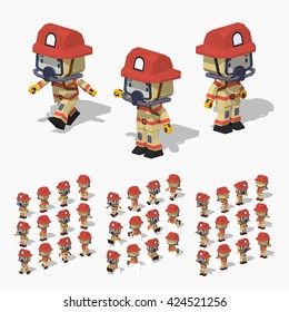 Cartoon firefighter minifigure. 3D lowpoly isometric vector illustration. The set of objects isolated against the white background and shown from different sides