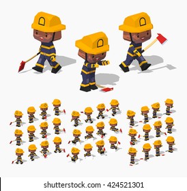 Cartoon firefighter minifigure. 3D lowpoly isometric vector illustration. The set of objects isolated against the white background and shown from different sides