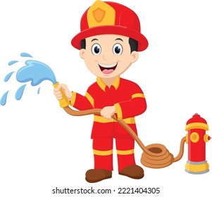 Cartoon Firefighter pours from a fire hose