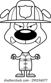 A cartoon firefighter puppy looking angry.