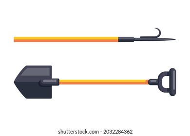 Cartoon firefighter tools with shovel and pike pole isolated vector illustration