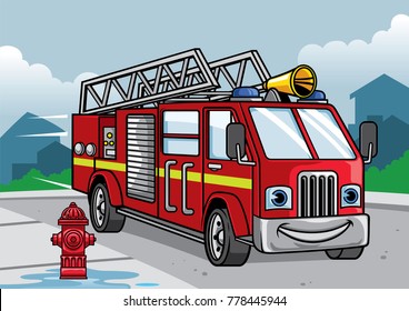 cartoon of firefighter truck illustration