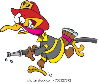 Cartoon Firefighter Turkey Running With A Fire Hose