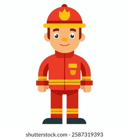 Cartoon firefighter in uniform. fireman profession .Suitable for children's books, sticker,t shirt design, mascot, logo. Isolated on white background.Vector illustration .Front  view 