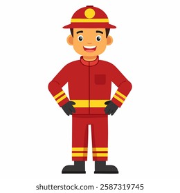 Cartoon firefighter in uniform. fireman profession .Suitable for children's books, sticker,t shirt design, mascot, logo. Isolated on white background.Vector illustration. Front  view