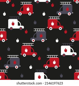 Cartoon firefighters. Kids pattern with fire trucks. Seamless print with red cars, gray vehicles, white engine, flames on black background. Print for stain-resistant fabrics of children's outerwear.