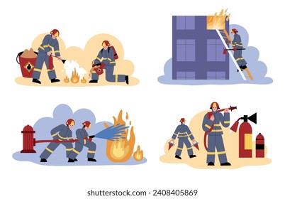 Cartoon firefighters scenes. Brave professionals with equipment at work, wearing uniform, helmets, emergency service, rescuers, vector set.eps
