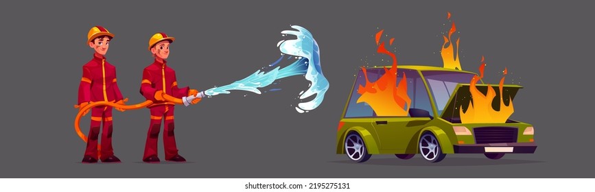 Cartoon firefighters with water hose and burning car isolated on grey background. Vector illustration of two brave firemen in uniform extinguishing auto on fire. Dangerous occupation. Risky job