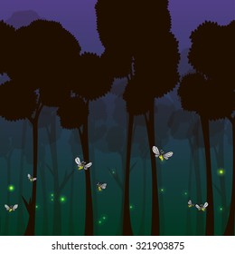 Cartoon fireflies in the forest at night - vector illustration.