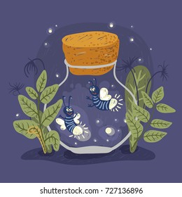 Cartoon firefly in the jar, vector illustration