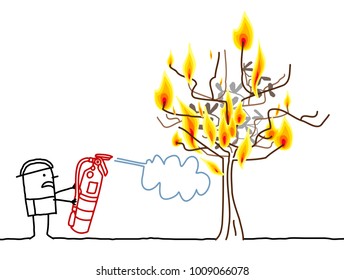 Cartoon Fireman and Burning Tree