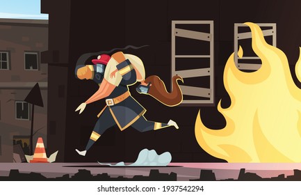 Cartoon fireman carrying woman in arms saving her from fire vector illustration