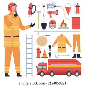 Cartoon fireman character in uniform, firefighter equipment and tools. Water hose, fire engine, extinguisher, helmet and hydrant vector set. Illustration of fireman character, axe and extinguisher