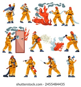 Cartoon fireman characters. Firefighters in uniform working rescue equipment extinguisher, emergency safety professional firefighter firemen