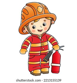 Cartoon fireman or firefighter with a fire extinguisher. Profession. Colorful vector illustration for kids.