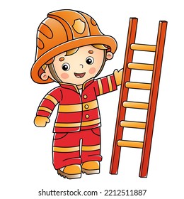 Cartoon-Feuerwehrmann oder Feuerwehrmann mit Feuerlöschleiter. Beruf. Farbige Vektorgrafik für Kinder.