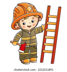 Bombero de caricatura o bombero con escalera de extinción de incendios y cobertizo. Profesión. Colorida ilustración vectorial para los niños.