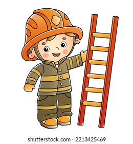 Bombero de caricatura o bombero con escalera de extinción de incendios. Profesión. Colorida ilustración vectorial para los niños.