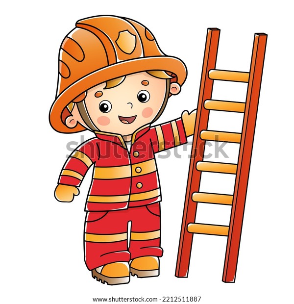 Cartoon Fireman Firefighter Fire Extinguishing Ladder Stock Vector ...