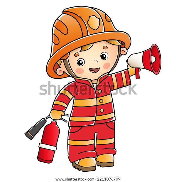 Cartoon Fireman Firefighter Megaphone Horn Fire Stock Vector (Royalty ...