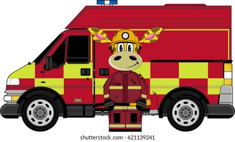 Cartoon Fireman Giraffe and Fire Engine